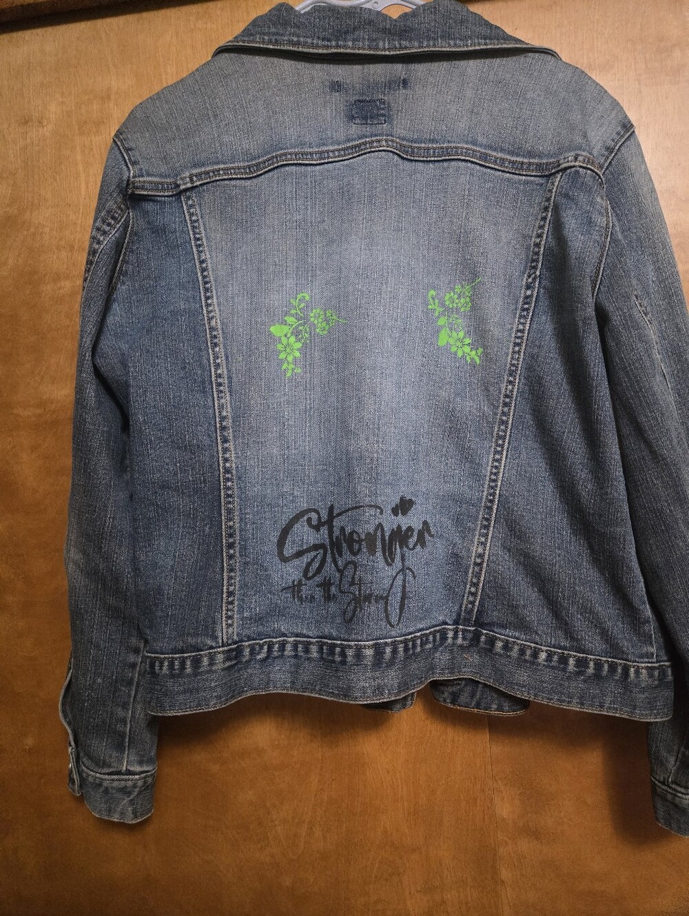 Upcycled Denim Jacket Stronger Than the Storm Floral Design Handmade J01